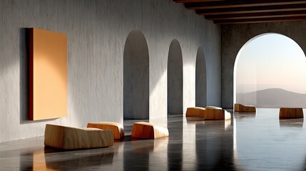 Arched Hallway with Modern Art and Wooden Seating