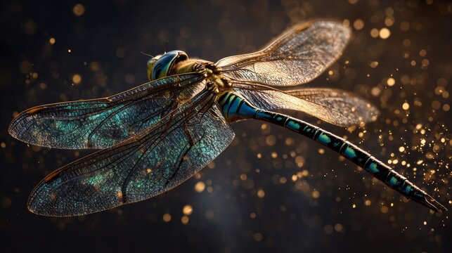 High resolution macro photo of dragonfly insect with detailed wings resting in glowing golden bokeh background emphasizing textures patterns and natural beauty captured in close-up wildlife photograph - Powered by Adobe
