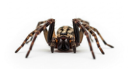 A close-up, front-facing view of a large, hairy spider with intricate markings on its body and legs, set against a stark white background.