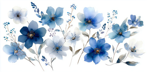 Obraz premium Blue watercolor flowers on white create an elegant, floral design. Ideal for stationery, invitations, and spring-themed marketing materials.