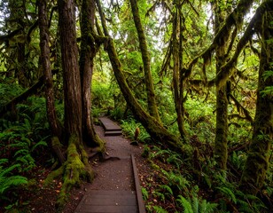 Obraz premium Lush forest trail through mossy trees