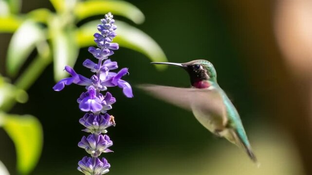 Hummingbird feeding on purple flowers in a sunny garden, nature wildlife footage, slow motion