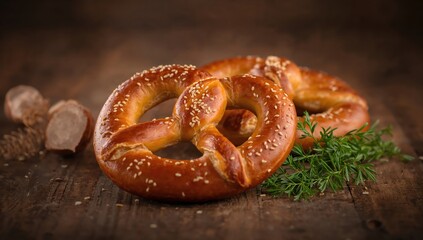 Golden brown Bavarian pretzels sprinkled featuring sesame seeds rest upon the rustic wooden table, accompanied by herbs, evoking Oktoberfest traditions within warm natural light