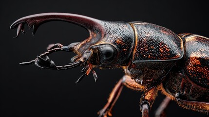 Fototapeta premium Detailed macro image of stag beetle insect with large mandibles dramatic texture and sharp body details photographed in high resolution against dark background showcasing natural insect structure and 