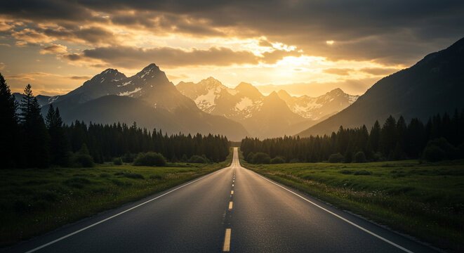cinematic photo of a straight main road with beautiful views