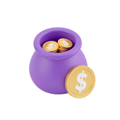 Lilac pot overflowing with golden currency coins radiating financial security and growth