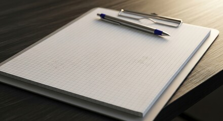 Blank white paper on a clipboard with a pen on a dark wooden desk.