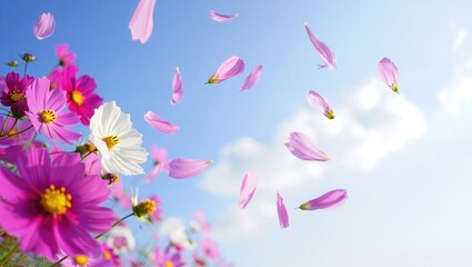 Pink and White Cosmos Flowers with Falling Petals image