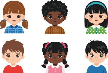 Set of diverse cartoon children's faces with various hairstyles and outfits, multicultural vector portraits on white background for educational use