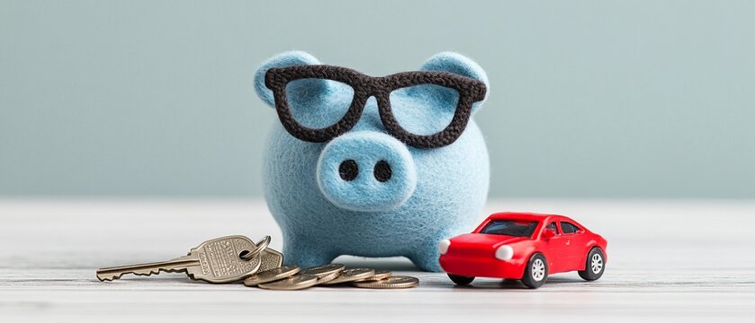 Blue piggy bank wearing glasses, next to a red toy car and keys, symbolizing saving for a vehicle purchase