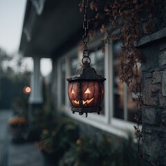 Spooky lantern hangs on autumnal home