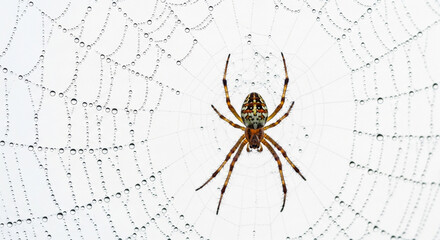 Obraz premium A close-up view of a spider resting in the center of its dew-covered web.