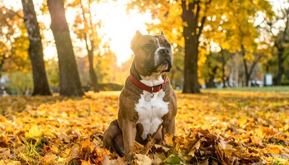 A majestic brown and white American Staffordshire Terrier sitting proudly among golden autumn leaves in a sunlit park during a beautiful fall day