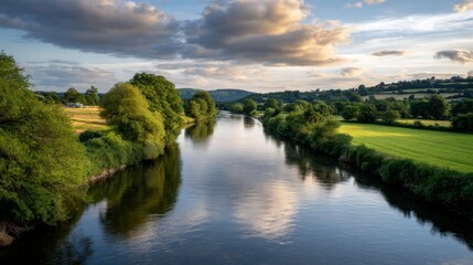 Tranquil river landscape at dusk in the countryside nature photography serene environment aerial view reflection concept
