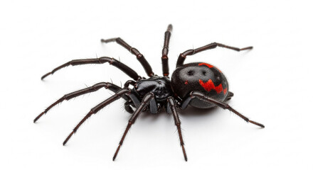 A detailed close-up studio shot of a black widow spider with its distinctive red hourglass marking on its abdomen, isolated on a white background.
