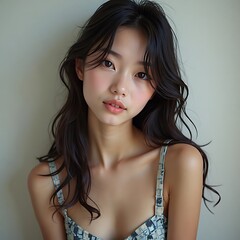 Portrait of Young Woman with Flowing Dark Hair in Printed Sundress