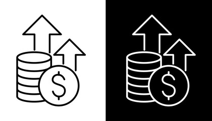 Vector graphic icon illustration of stacked coins with upward arrows indicating financial growth and profitability