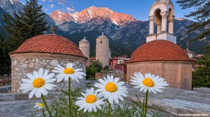 Scenic View of Mystras, Greece, with Ancient Churches and Towering Mountains at Sunset