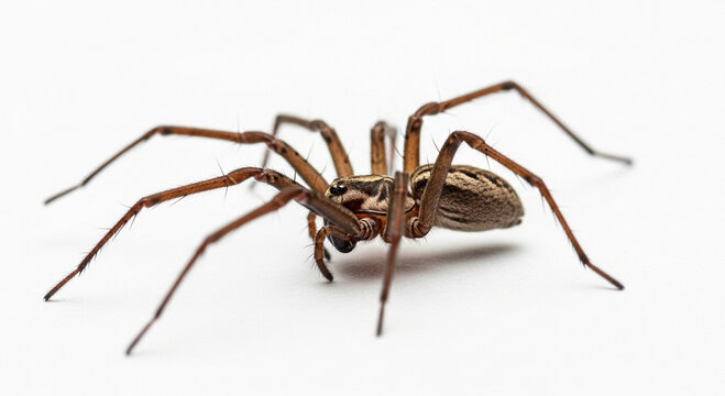 A detailed close-up shot of a large brown spider with long legs, showcasing its intricate body and hairy texture against a clean white background.