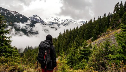 Fototapeta premium Solitary hiker with a backpack enjoys the breathtaking view of a misty mountain valley and evergreen forest