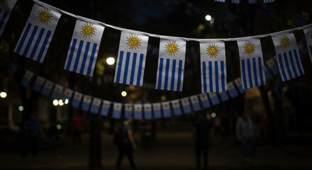 Array of Uruguayan Flags Draped in Celebratory Style Against a Nighttime Backdrop