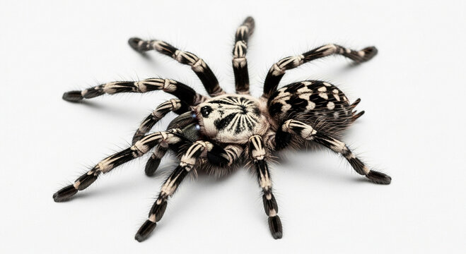 A highly detailed close-up shot of a striking white and black striped tarantula spider on a white background.