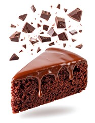 Chocolate cake slice with flying pieces