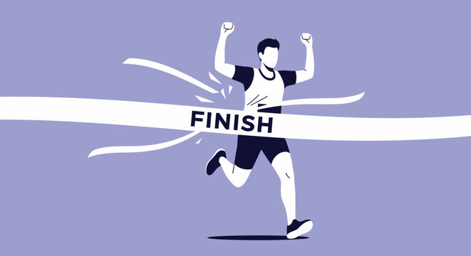 Triumphant runner crossing finish line, celebrating victory with arms raised.