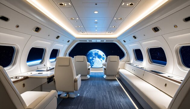 Luxurious interior of a futuristic spacecraft with panoramic views of Earth and the Moon through large windows, featuring comfortable seating and modern lighting. - Powered by Adobe