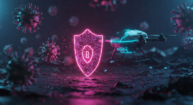 Futuristic glowing shield offers digital protection against emerging viral pathogens, representing advanced cybersecurity and technological defense in a challenging environment
