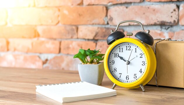 A vibrant yellow alarm clock rests on a wooden desk in the morning sunlight, next to a notepad, symbolizing a productive start to the day