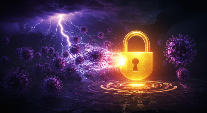 Golden padlock symbolizing robust digital security and steadfast protection amidst a raging global virus pandemic with dramatic lightning storm and ominous clouds