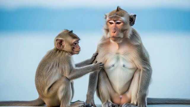 A young monkey gently touches the chest of an adult monkey while they sit outdoors with a soft blue background