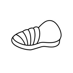 Simple outline drawing of a sandal with curved lines on top on transparent background