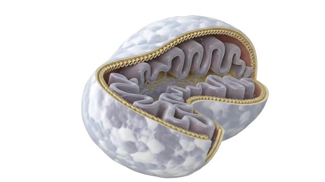 Detailed 3D illustration of a mitochondrion, showcasing its internal structure and components.