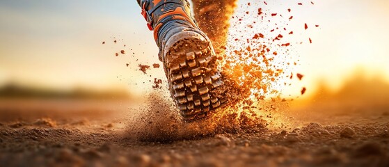 Close-up of a boot kicking up dirt and dust with sunlight in the background
