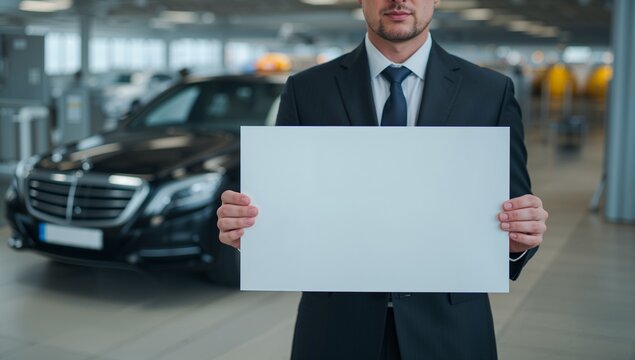Professional chauffeur within formal suit holding the blank white sign for passenger pickup inside a bright airport terminal, featuring luxury car parked in the background