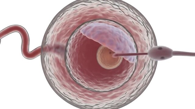 Microscopic view of a sperm cell penetrating an egg cell, illustrating the process of fertilization and the beginning of human life.