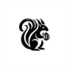 Stylized black squirrel holding a nut logo design