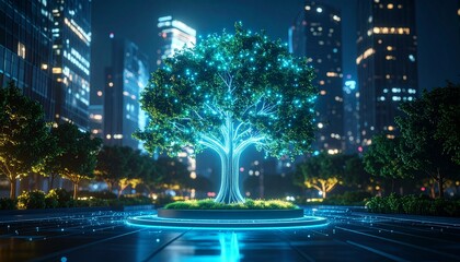 A glowing tree in a futuristic city at night.