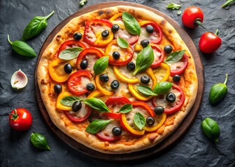 Deliciously prepared fresh vegetable pizza topped with olives and basil