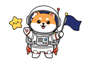 Fototapeta premium Adorable kawaii Shiba Inu dog character wearing an astronaut suit, happily holding a flag for a space mission illustration