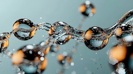 Close-up of interconnected water droplets with reflective spheres, translucent effect