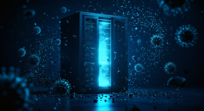 Abstract visualization of a data center under a cyber attack, with a glowing blue server and viral particle contamination