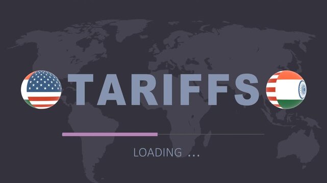 Trade war between the USA and India. Progress or loading bar. Tariffs text with spinning sphere textured by national flags. Trade, tax, tariffs and price war