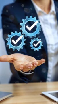 Digital Business Solutions Professionals Hand Presents Glowing Gears with Checkmarks Symbolizing Workflow Optimization Quality and Efficiency in Modern Tech 