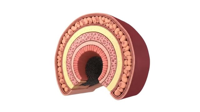 Cross-section of a developing organ showing multiple distinct cellular layers and structures.