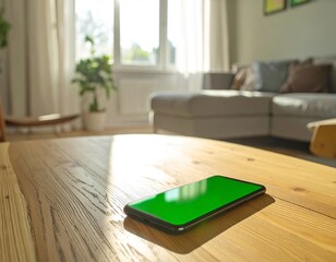 Modern smartphone with a customizable green screen display on a wooden coffee table in a sunlit, cozy living room interior
