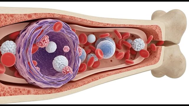Microscopic illustration of blood cells, including red blood cells, white blood cells, and platelets, alongside a large abnormal cell, within a bone marrow or blood vessel.