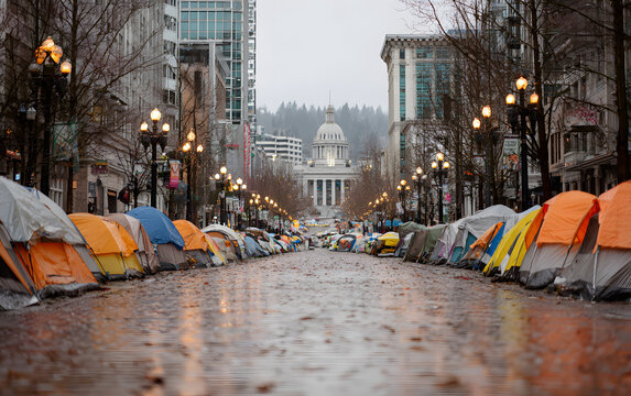 homeless tents line in bustling american city, highlighting homelessness, economic hardship, and social inequality in US and world